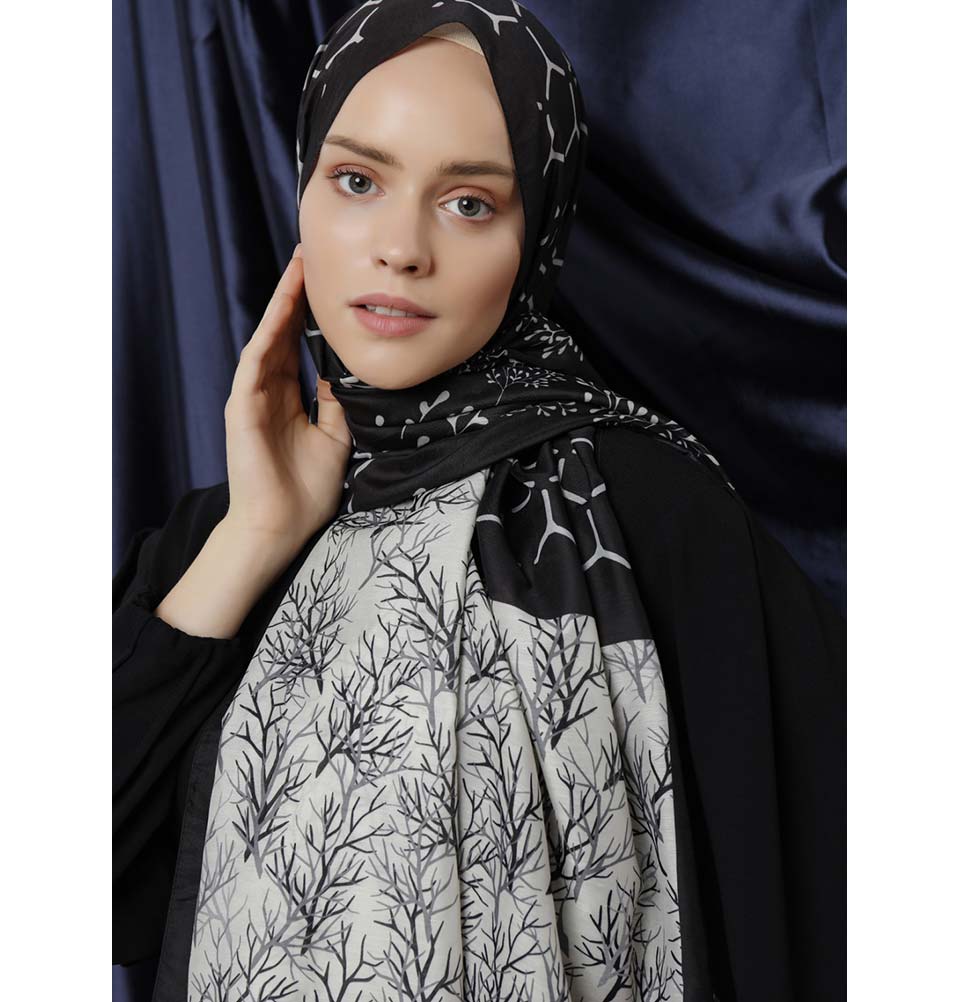 Modefa Shawl Black Modefa Tri-Panel Hijab Shawls | Blooming Branches - Black