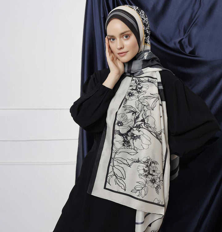 Modefa Tri-Panel Hijab Shawls Whimsical Flowers Black