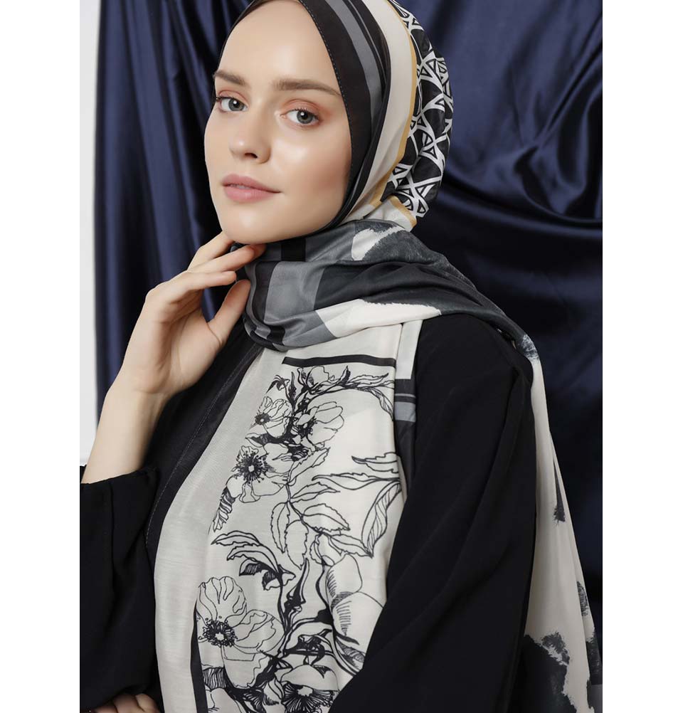 Modefa Shawl Black Modefa Tri-Panel Hijab Shawls | Whimsical Flowers - Black