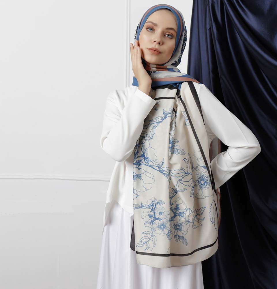 Modefa Shawl Blue/Peach Modefa Tri-Panel Hijab Shawls | Whimsical Flowers - Blue & Peach