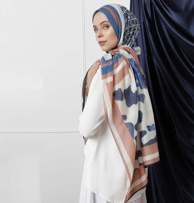 Modefa Shawl Blue/Peach Modefa Tri-Panel Hijab Shawls | Whimsical Flowers - Blue & Peach