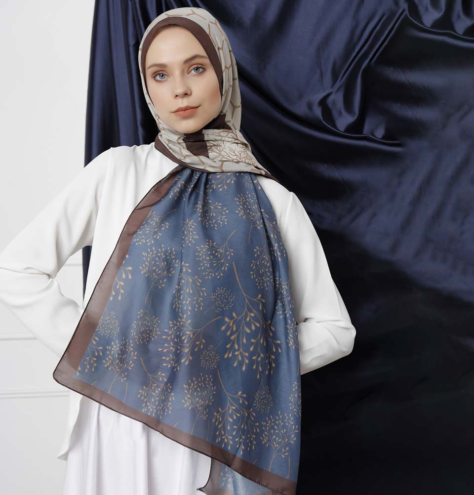 Modefa Shawl Brown/Blue Modefa Tri-Panel Hijab Shawls | Blooming Branches - Brown & Blue