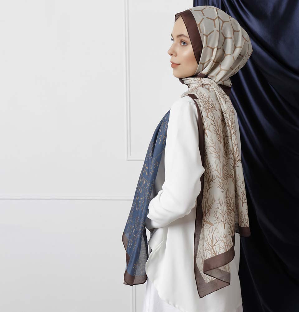 Modefa Shawl Brown/Blue Modefa Tri-Panel Hijab Shawls | Blooming Branches - Brown & Blue