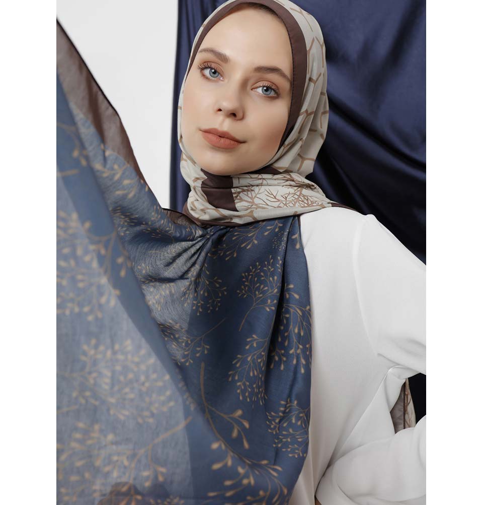 Modefa Shawl Brown/Blue Modefa Tri-Panel Hijab Shawls | Blooming Branches - Brown & Blue