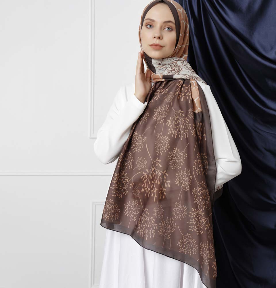 Modefa Shawl Brown/Caramel Modefa Tri-Panel Hijab Shawls | Blooming Branches - Dark Brown & Caramel