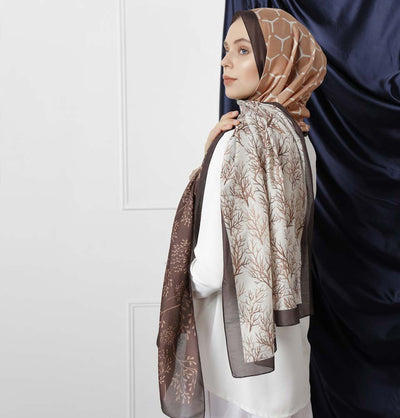 Modefa Shawl Brown/Caramel Modefa Tri-Panel Hijab Shawls | Blooming Branches - Dark Brown & Caramel