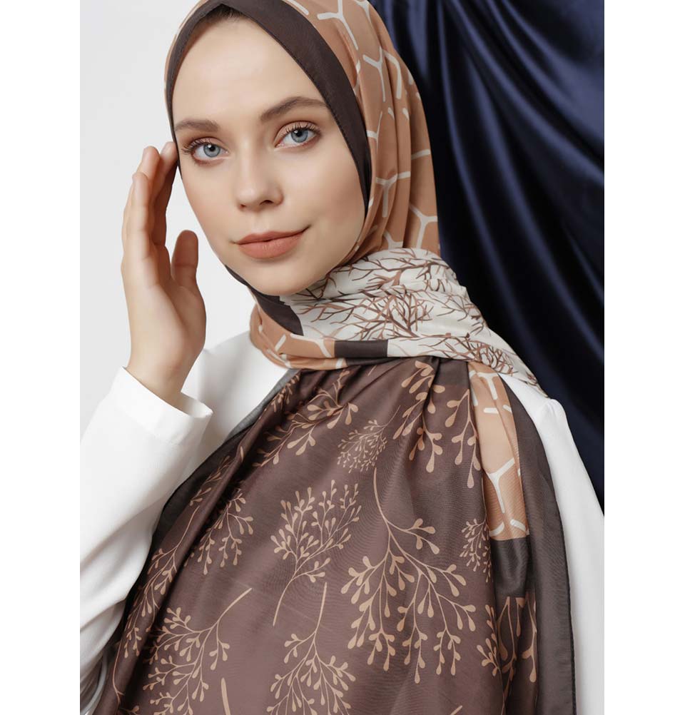 Modefa Shawl Brown/Caramel Modefa Tri-Panel Hijab Shawls | Blooming Branches - Dark Brown & Caramel