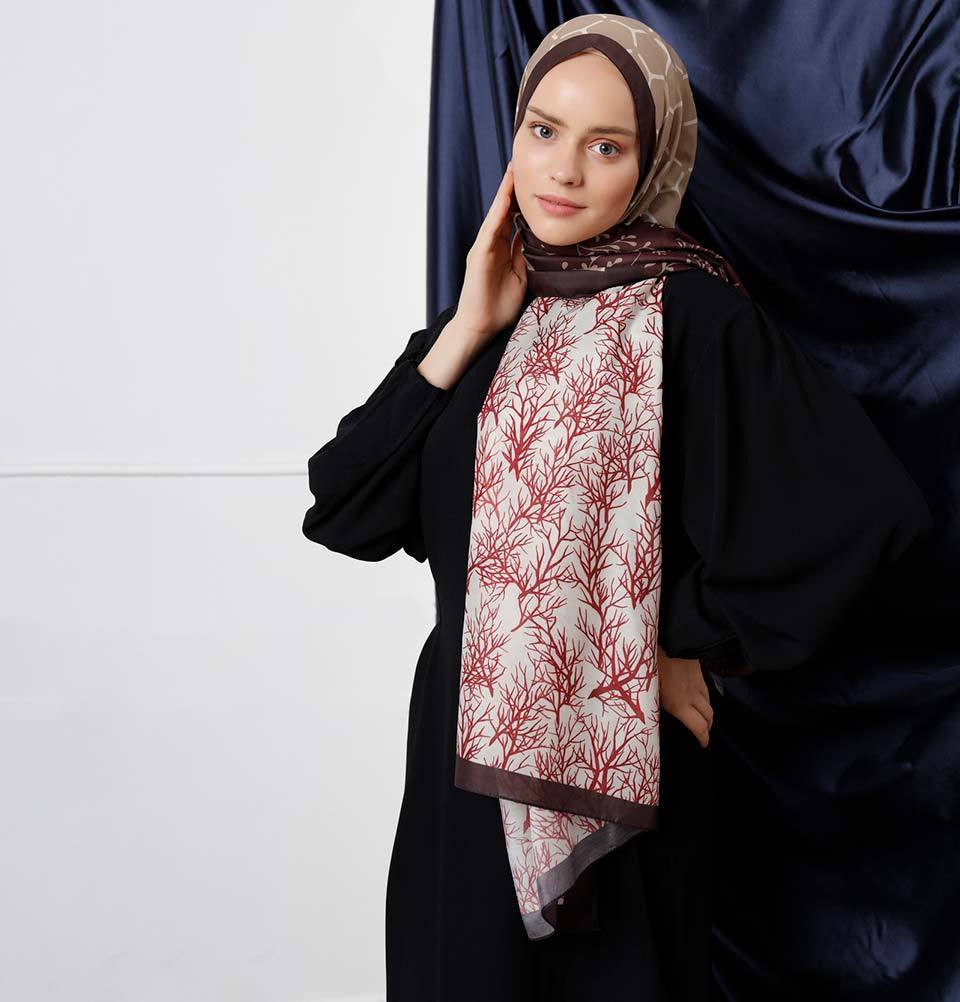 Modefa Shawl Brown/Maroon Modefa Tri-Panel Hijab Shawls | Blooming Branches - Chocolate Brown & Maroon