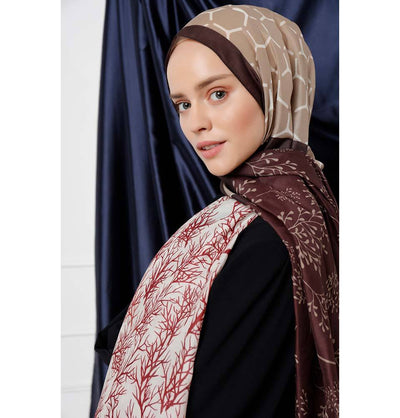 Modefa Shawl Brown/Maroon Modefa Tri-Panel Hijab Shawls | Blooming Branches - Chocolate Brown & Maroon