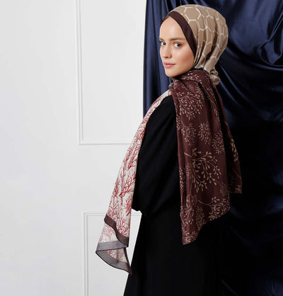 Modefa Shawl Brown/Maroon Modefa Tri-Panel Hijab Shawls | Blooming Branches - Chocolate Brown & Maroon