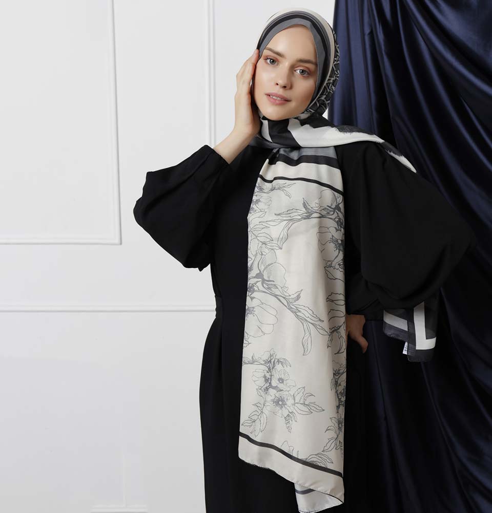 Modefa Shawl Gray/Black Modefa Tri-Panel Hijab Shawls | Whimsical Flowers - Gray & Black