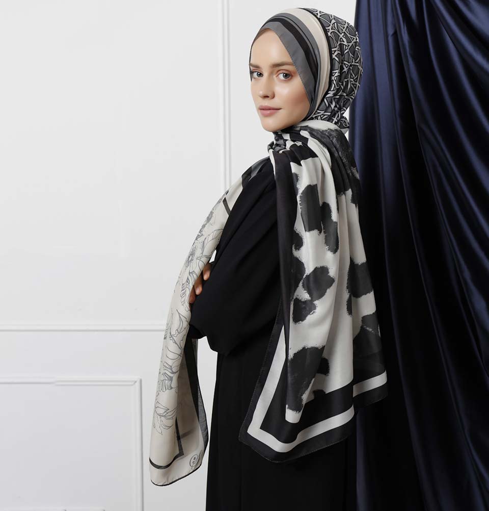 Modefa Shawl Gray/Black Modefa Tri-Panel Hijab Shawls | Whimsical Flowers - Gray & Black