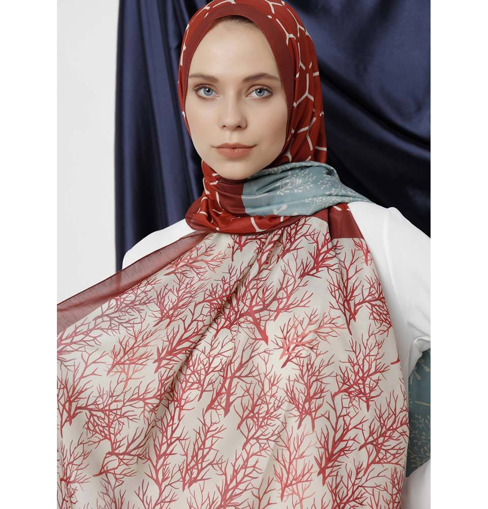 Modefa Shawl Maroon/Teal Modefa Tri-Panel Hijab Shawls | Blooming Branches - Maroon & Teal