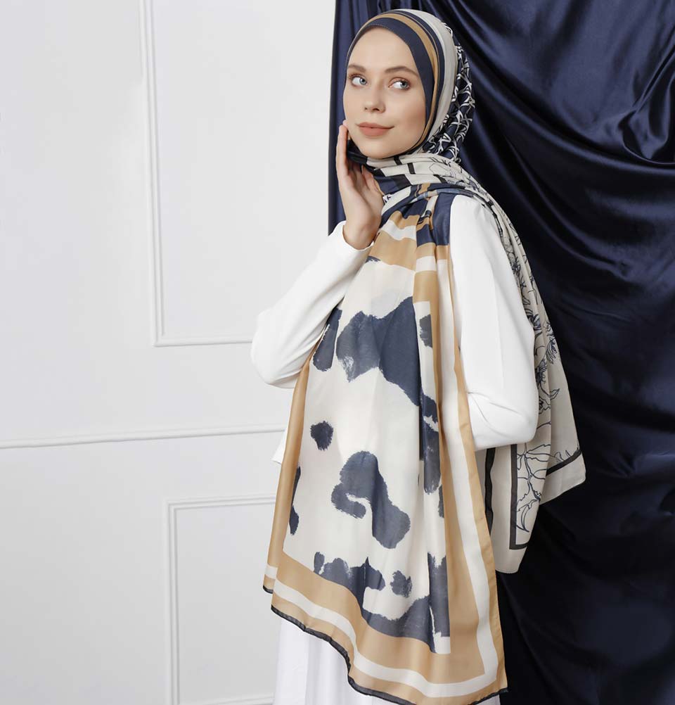 Modefa Shawl Navy Blue/Camel Modefa Tri-Panel Hijab Shawls | Whimsical Flowers - Navy Blue & Camel