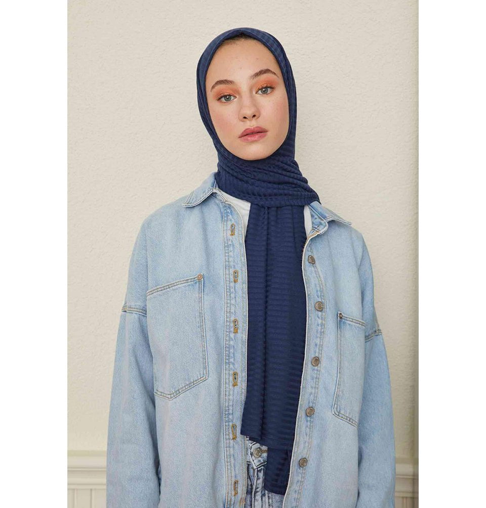 Modefa Shawl Navy Blue Comfy Striped Jersey Hijab Shawl - Navy Blue