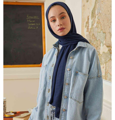Modefa Shawl Navy Blue Comfy Striped Jersey Hijab Shawl - Navy Blue