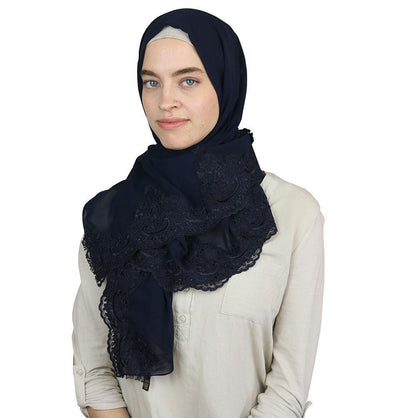 Modefa Shawl Navy Blue Lux Lace Trim Chiffon Hijab Shawl Navy Blue