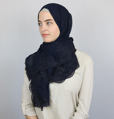 Modefa Shawl Navy Blue Lux Lace Trim Chiffon Hijab Shawl Navy Blue