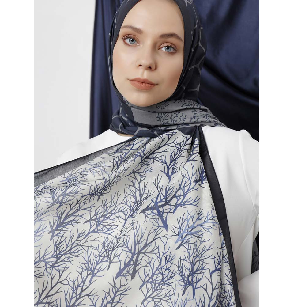 Modefa Shawl Navy Blue Modefa Tri-Panel Hijab Shawls | Blooming Branches - Navy Blue