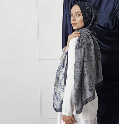 Modefa Shawl Navy Blue Modefa Tri-Panel Hijab Shawls | Blooming Branches - Navy Blue