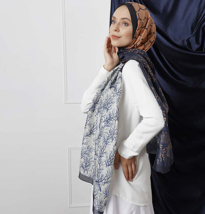 Modefa Shawl Navy Blue/Orange Modefa Tri-Panel Hijab Shawls | Blooming Branches - Navy Blue & Orange