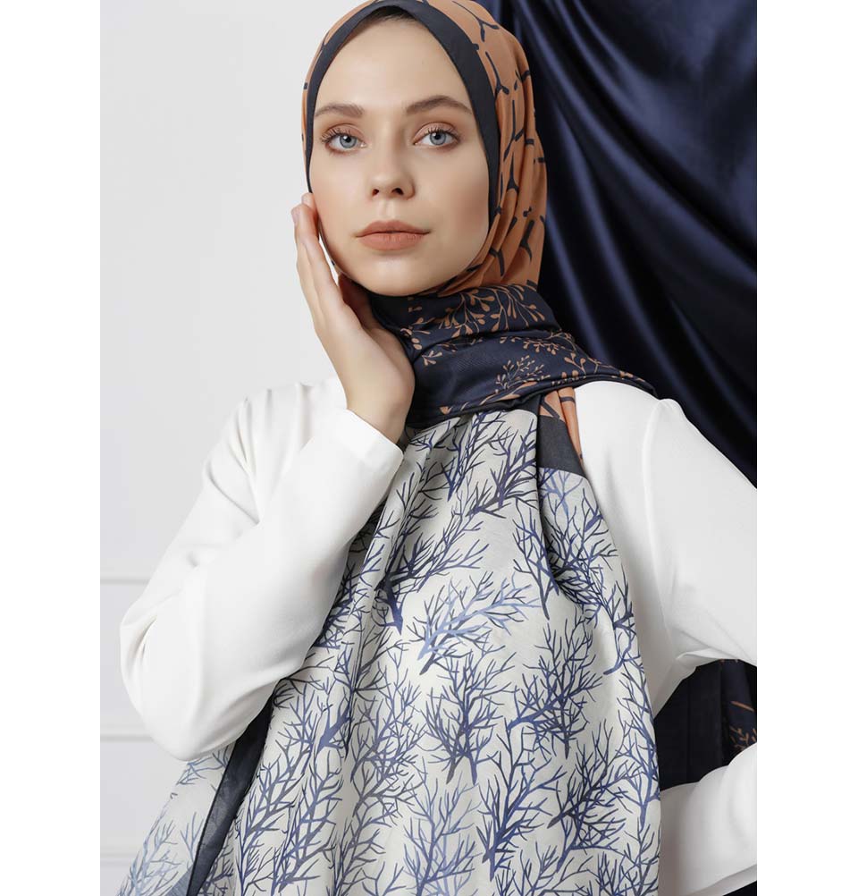 Modefa Shawl Navy Blue/Orange Modefa Tri-Panel Hijab Shawls | Blooming Branches - Navy Blue & Orange