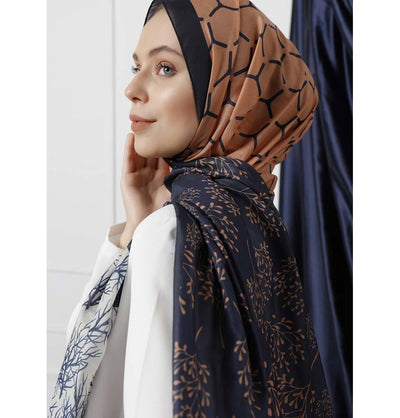 Modefa Shawl Navy Blue/Orange Modefa Tri-Panel Hijab Shawls | Blooming Branches - Navy Blue & Orange