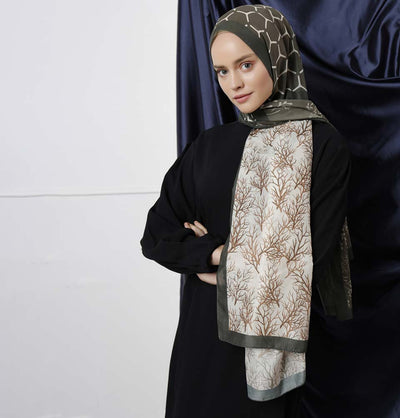 Modefa Shawl Olive Green/Brown Modefa Tri-Panel Hijab Shawls | Blooming Branches - Olive Green & Brown