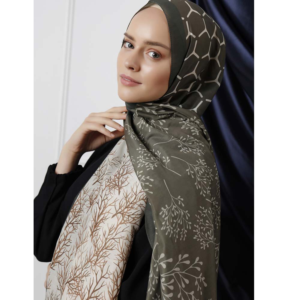 Modefa Shawl Olive Green/Brown Modefa Tri-Panel Hijab Shawls | Blooming Branches - Olive Green & Brown