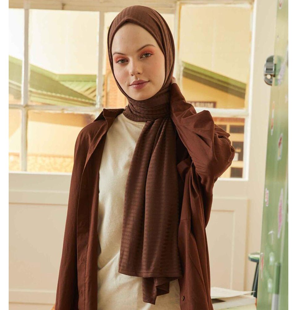 Modefa Shawl Pecan Brown Comfy Striped Jersey Hijab Shawl - Pecan Brown