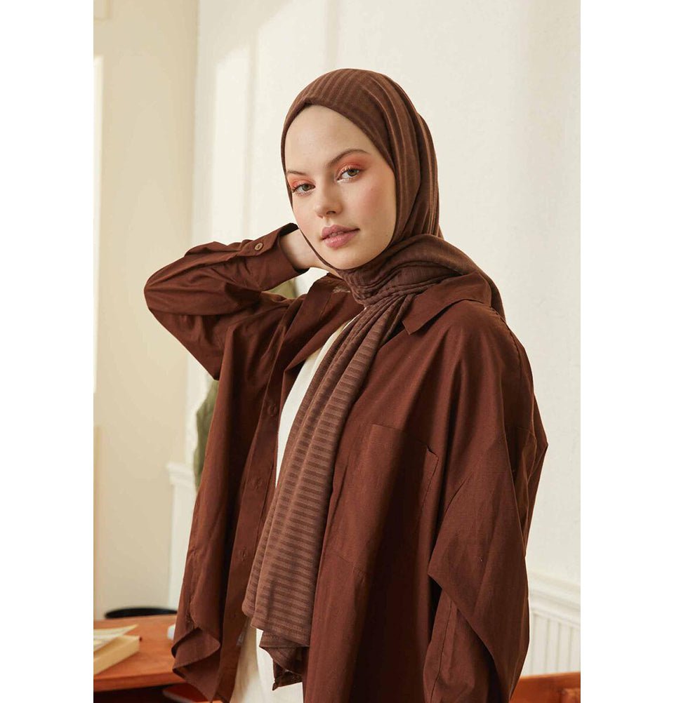 Modefa Shawl Pecan Brown Comfy Striped Jersey Hijab Shawl - Pecan Brown