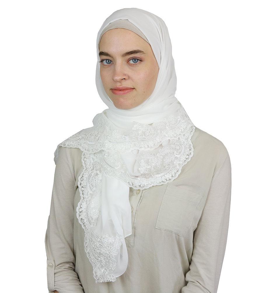 Lux Lace Trim Chiffon Hijab Shawl White
