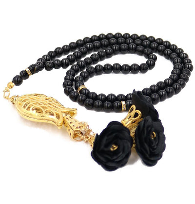 Modefa Tesbih Black Islamic Tesbih Acrylic Pearl 99 Count Prayer Beads with Rose & Tulip Tassel - Black