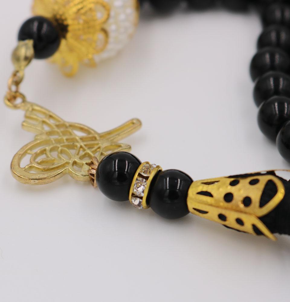 Islamic Tesbih Acrylic Pearl Prayer Beads with Tughra Tassel 99 Count Black