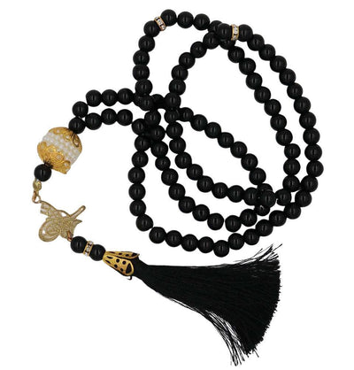 Islamic Tesbih Acrylic Pearl Prayer Beads with Tughra Tassel 99 Count Black