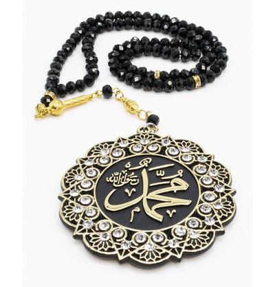 Modefa Tesbih Black Islamic Tesbih Crystal Cut Acrylic Prayer Beads with Allah/Muhammad Medallion - Black
