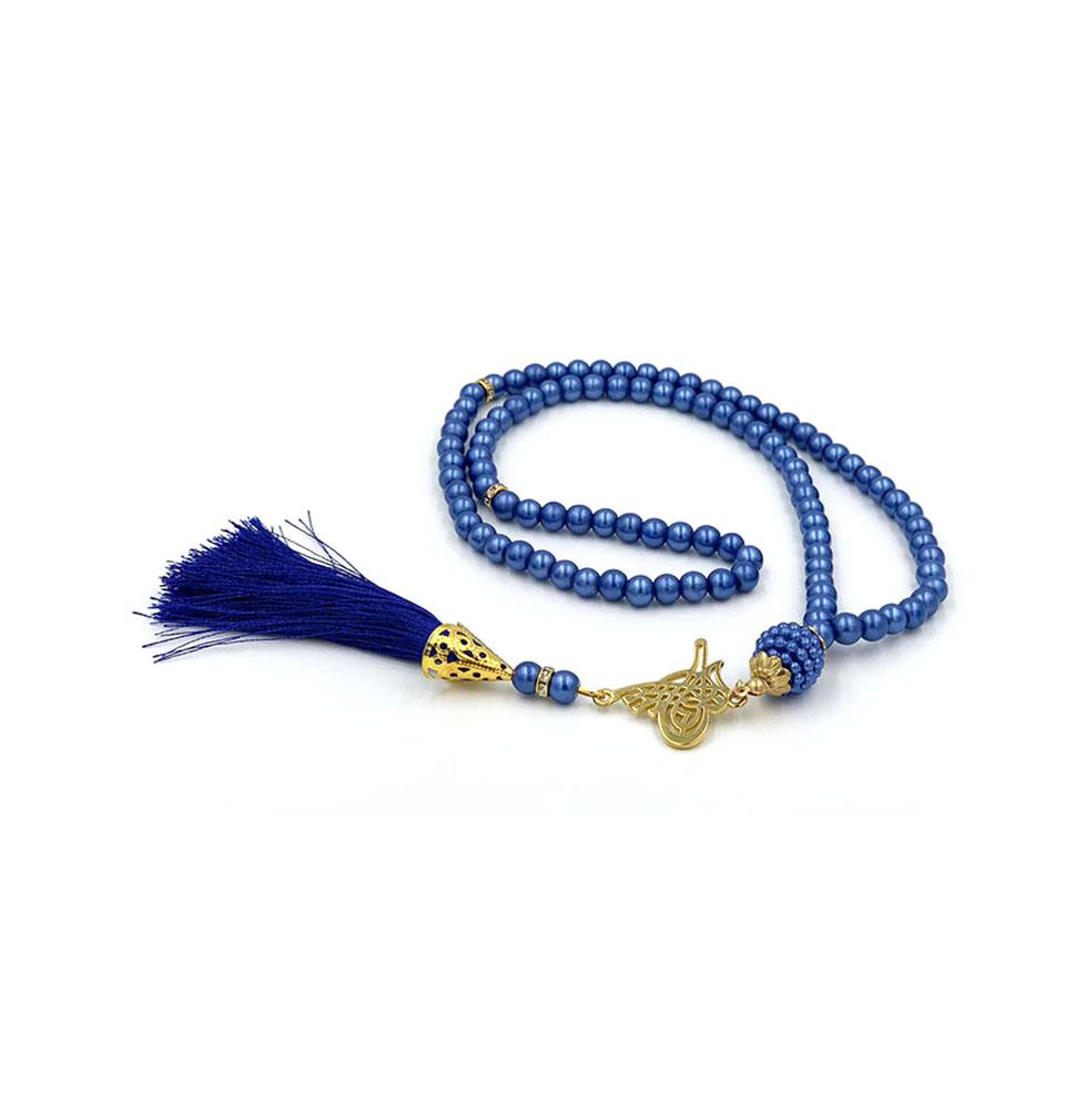 Islamic Tesbih Acrylic Pearl Prayer Beads with Tughra Tassel 99 Count Blue