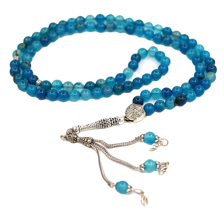 Natural Green Agate Stone Prayer Beads (Tasbih) With Blue Metal Tassel - 33/45/66/99 Bead Islamic Rosary, Muslim Mala