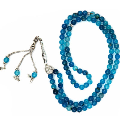 Modefa Tesbih Blue Islamic Tesbih Prayer Beads Round Multicolored Agate Stone 99 Count (Blue)