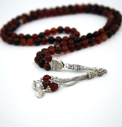 Modefa Tesbih Brown/Red Islamic Tesbih Prayer Beads Round Multicolored Agate Stone 99 Count (Brown/Red)