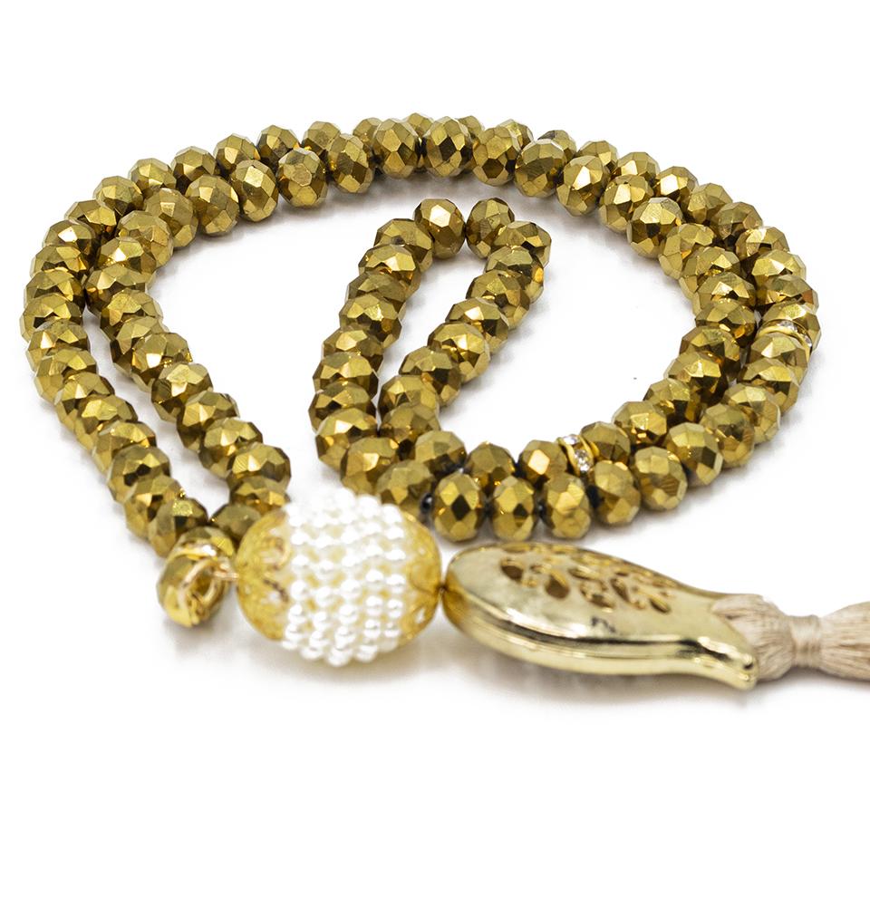 Islamic Tesbih Acrylic Crystal Cut Prayer Beads with Tulip Tassel 99 Count  Gold