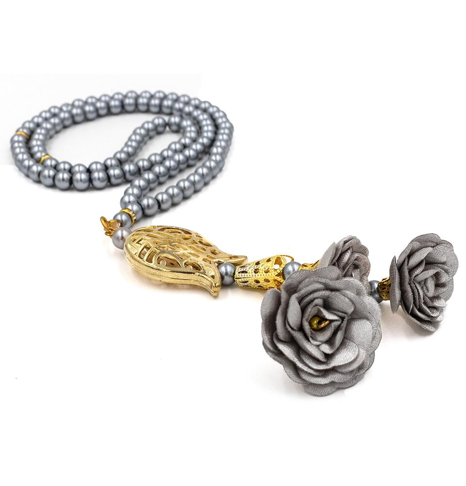 Modefa Tesbih Gray Islamic Tesbih Acrylic Pearl 99 Count Prayer Beads with Rose & Tulip Tassel - Gray
