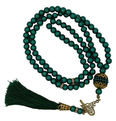Islamic Tesbih Acrylic Pearl Prayer Beads with Tughra Tassel 99 Count Green