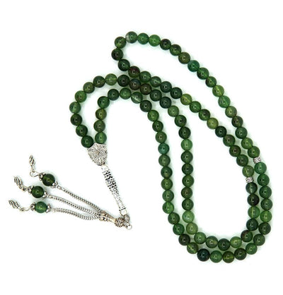 Modefa Tesbih Green Islamic Tesbih Prayer Beads Round Multicolored Agate Stone 99 Count (Green)