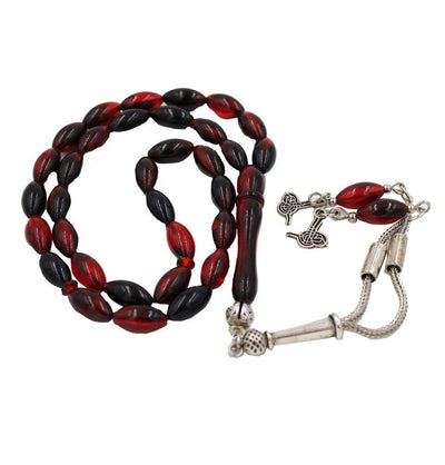 Islamic Tesbih Red & Black Lab Amber Alpaca Metal 33 Count Oval Beads