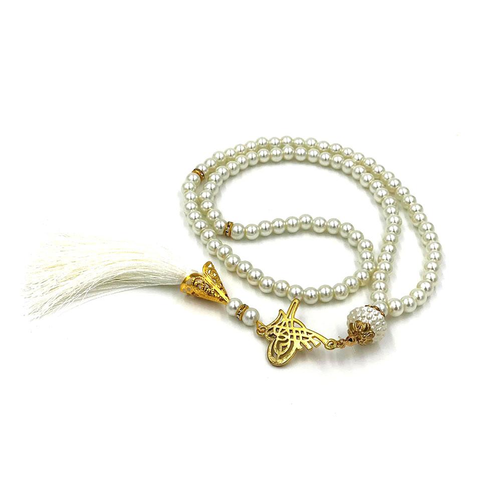 Islamic Tesbih Acrylic Pearl Prayer Beads with Tughra Tassel 99 Count Ivory
