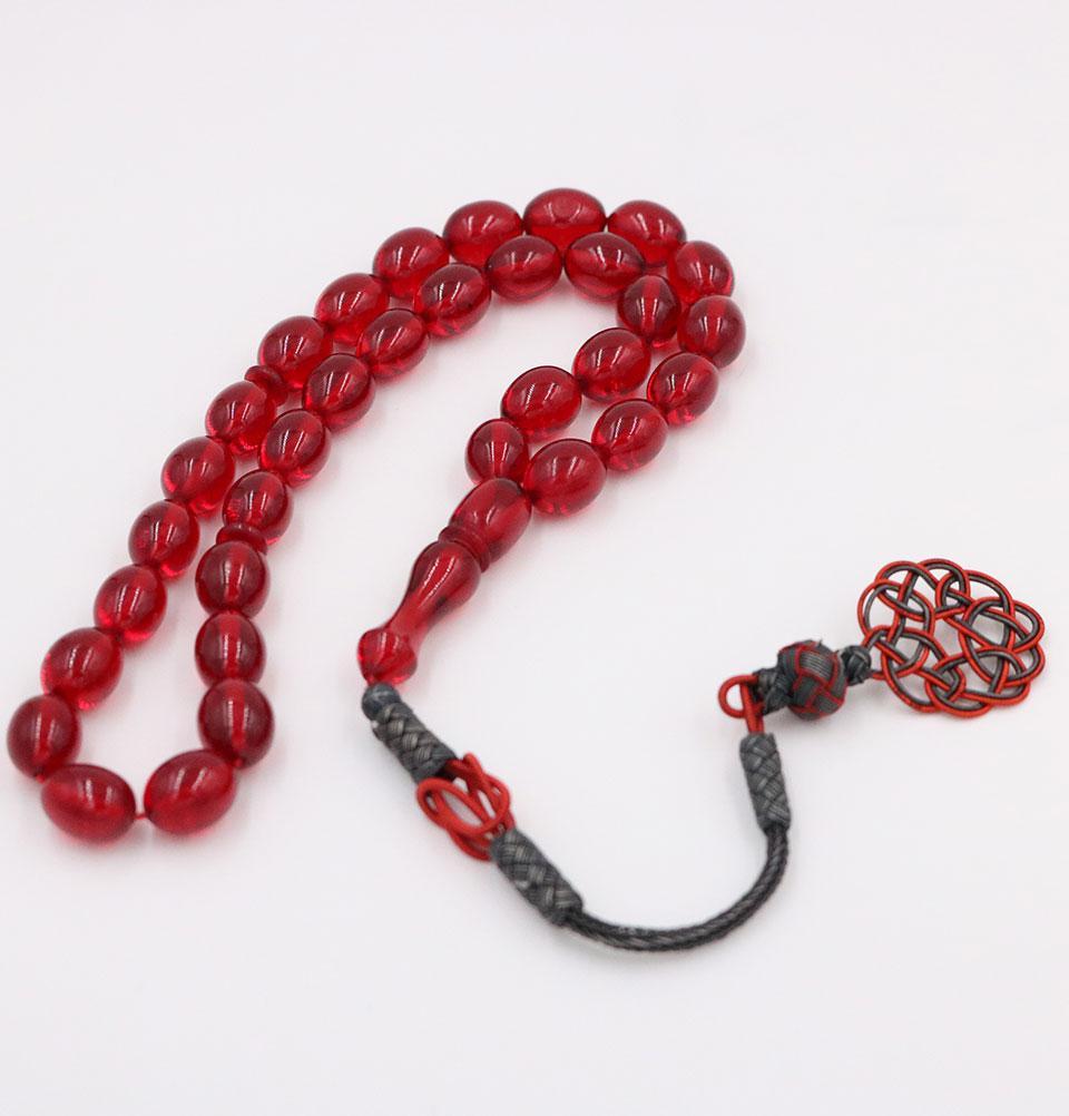 Luxury Islamic Tesbih Real Amber & Sterling Silver Kazaz Tassel with 33 Count Large Red Oval Beads