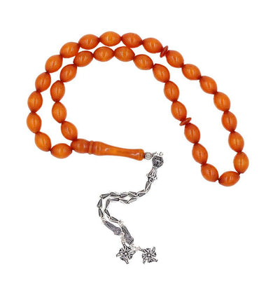 Luxury Islamic Tesbih Real Amber & Sterling Silver with 33 Count Large Orange Oval Beads