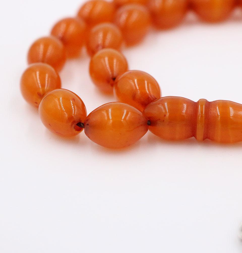 Luxury Islamic Tesbih Real Amber & Sterling Silver with 33 Count Large Orange Oval Beads