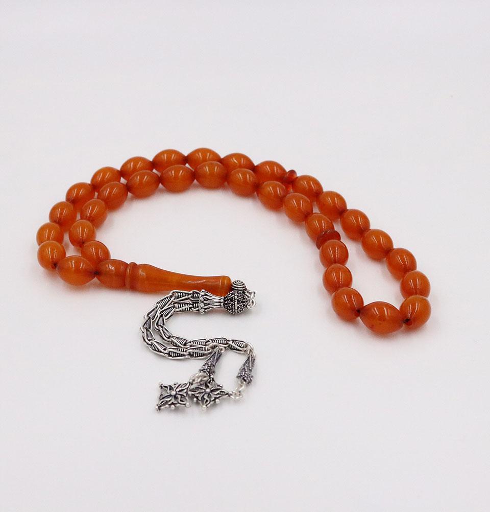 Luxury Islamic Tesbih Real Amber & Sterling Silver with 33 Count Large Orange Oval Beads